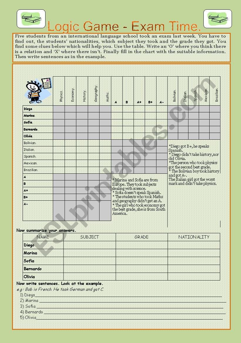 Logic game : Exam Time, 2 pages, key included.