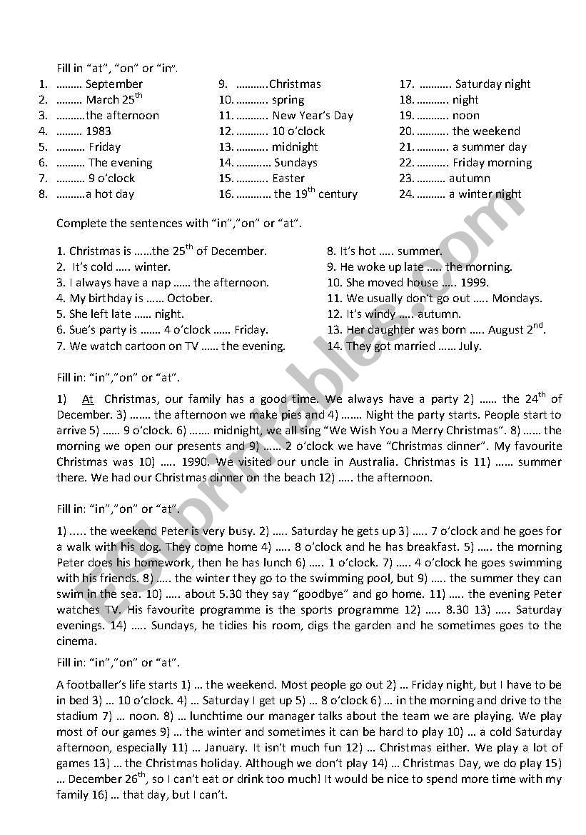 Test prepositions of time worksheet