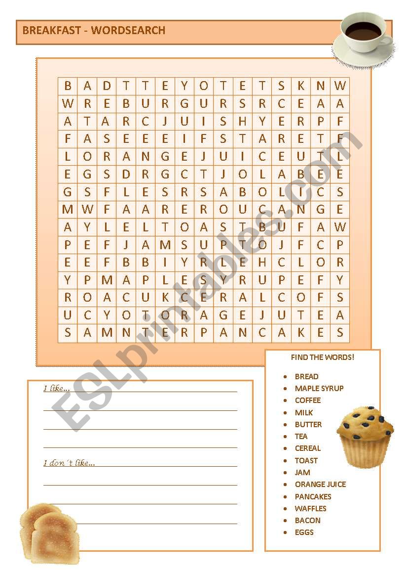 Breakfast - wordsearch worksheet