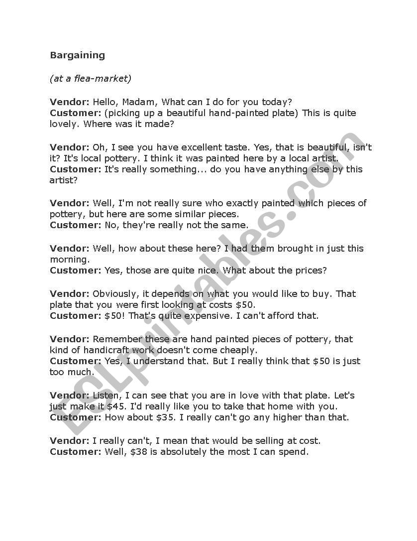 bargaining role play  worksheet