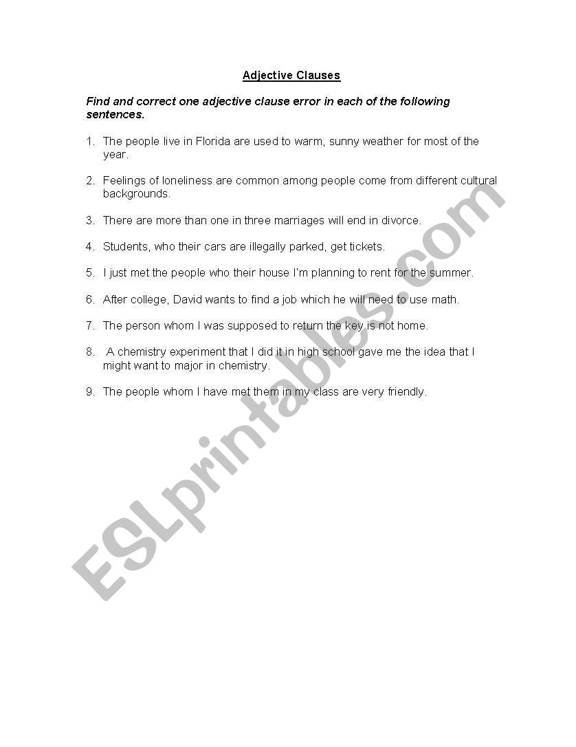 Adjective Pretest worksheet