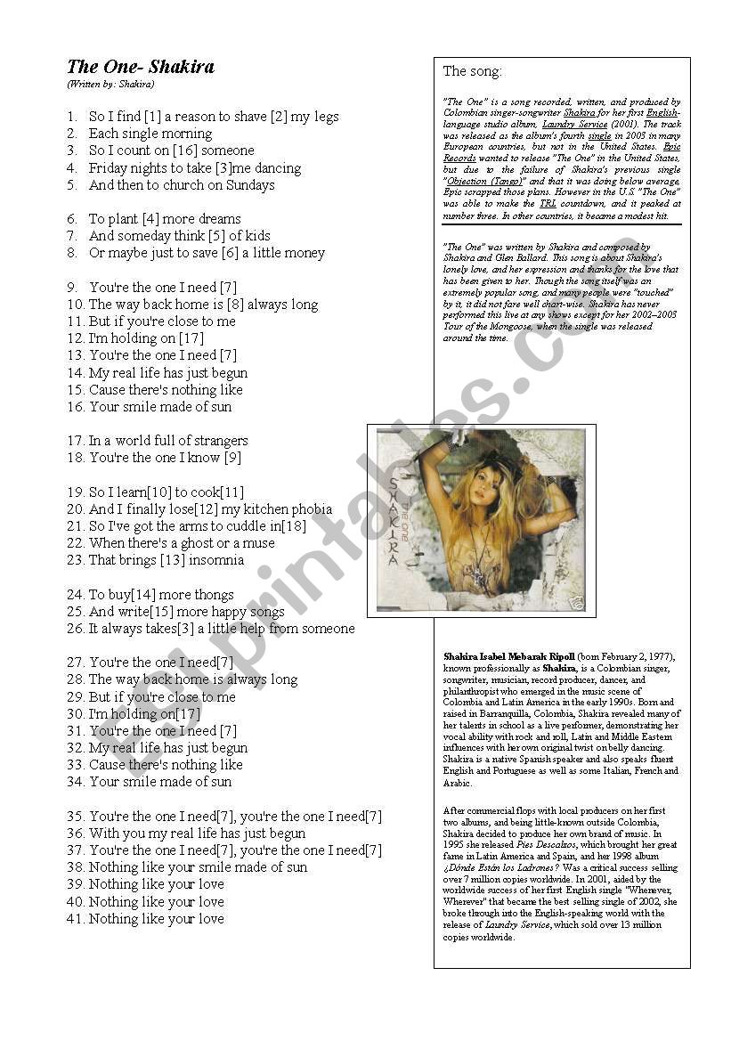 The one - Shakira worksheet