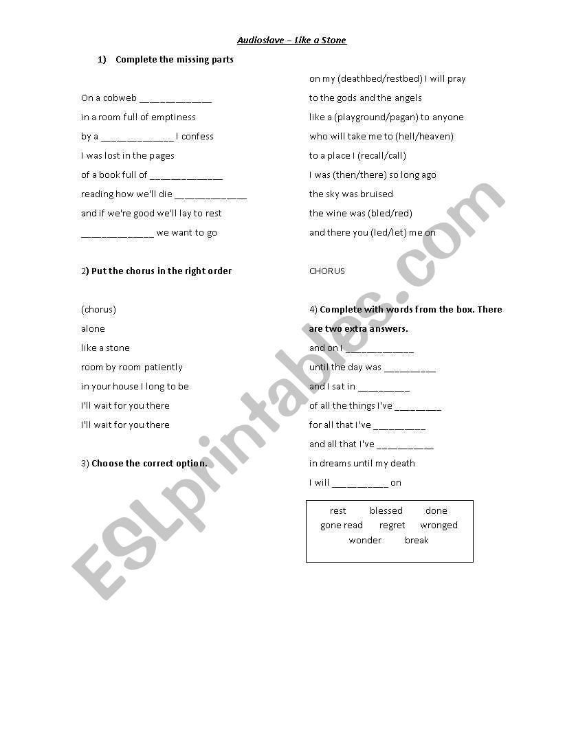 Audioslave - Like a Stone worksheet