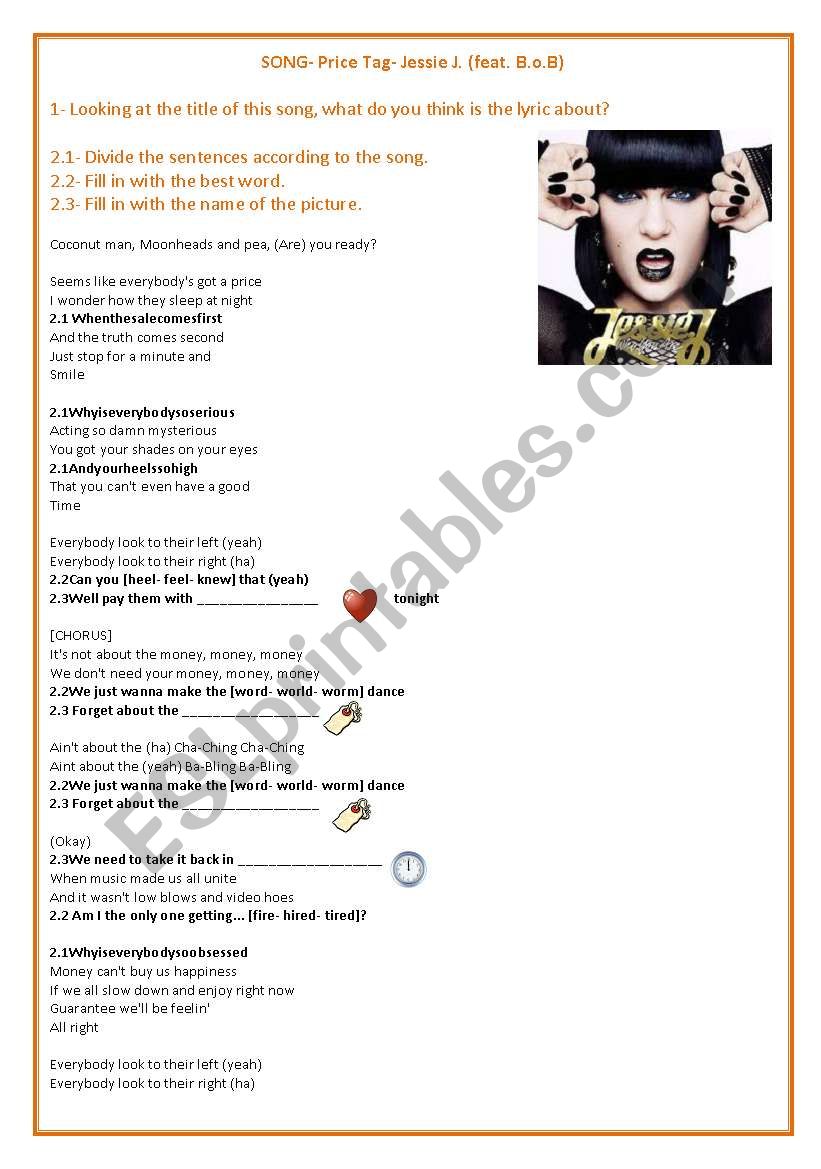 Price tag- Jessie J worksheet