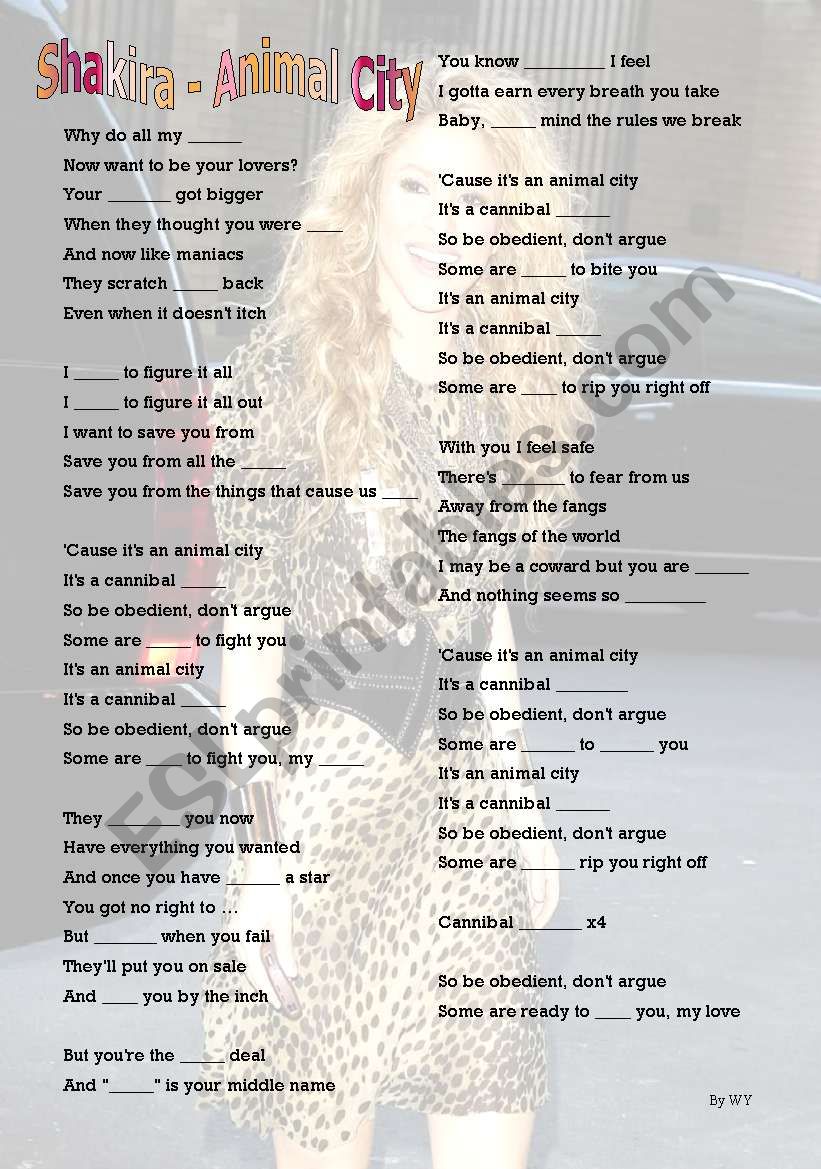 Shakira - Animal City song worksheet