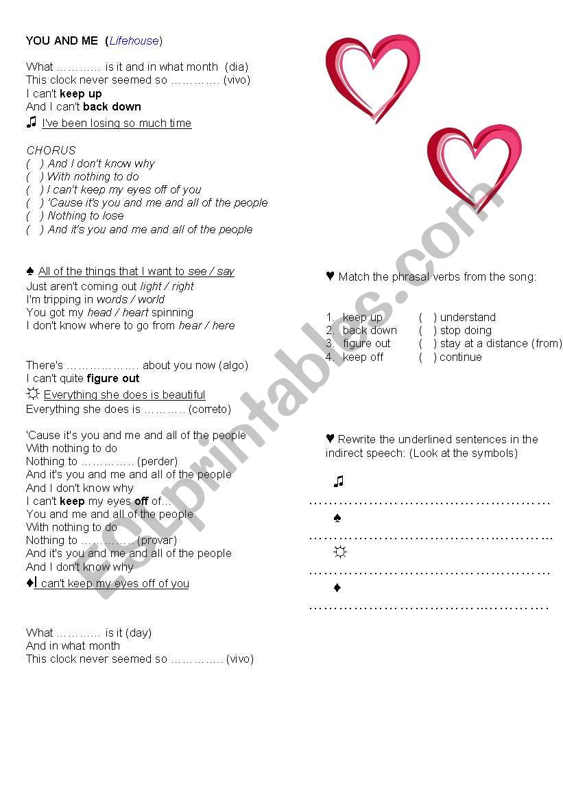 You and Me  - Lifehouse worksheet