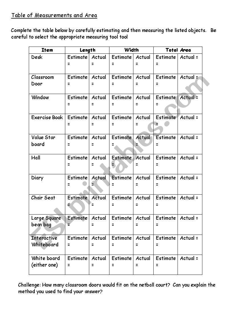 measurement worksheet