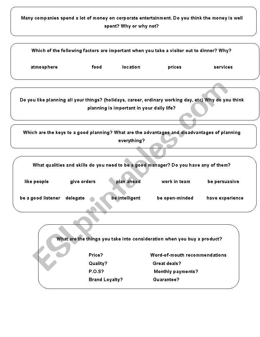 Business speaking cards worksheet