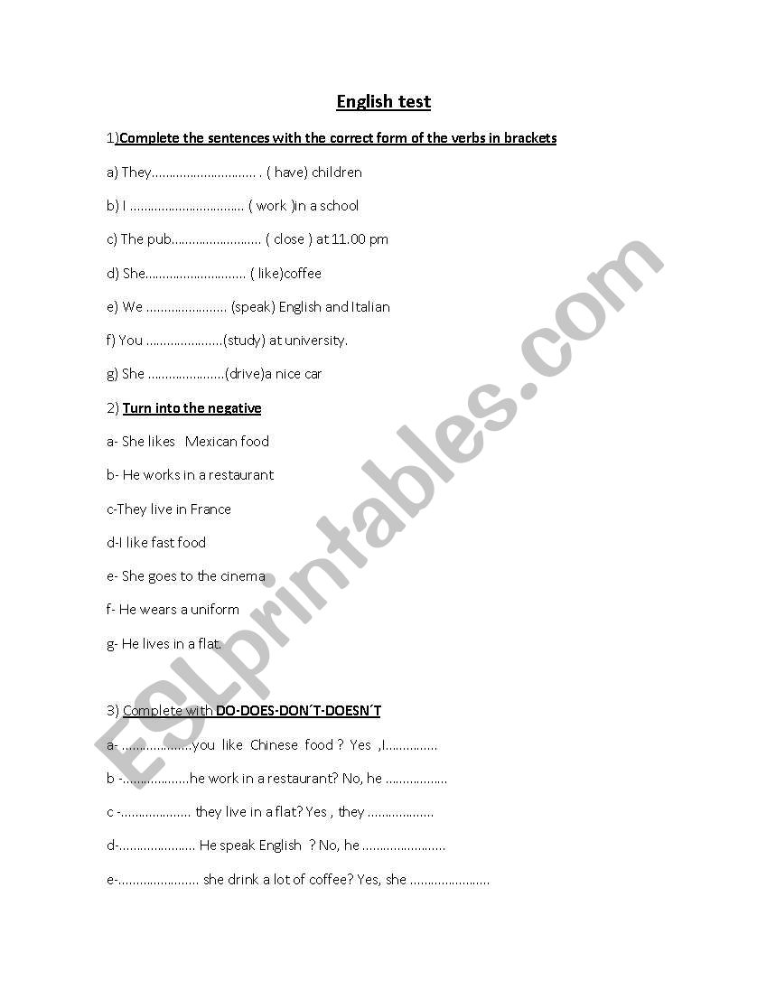 TEST- SIMPLE PRESENT worksheet