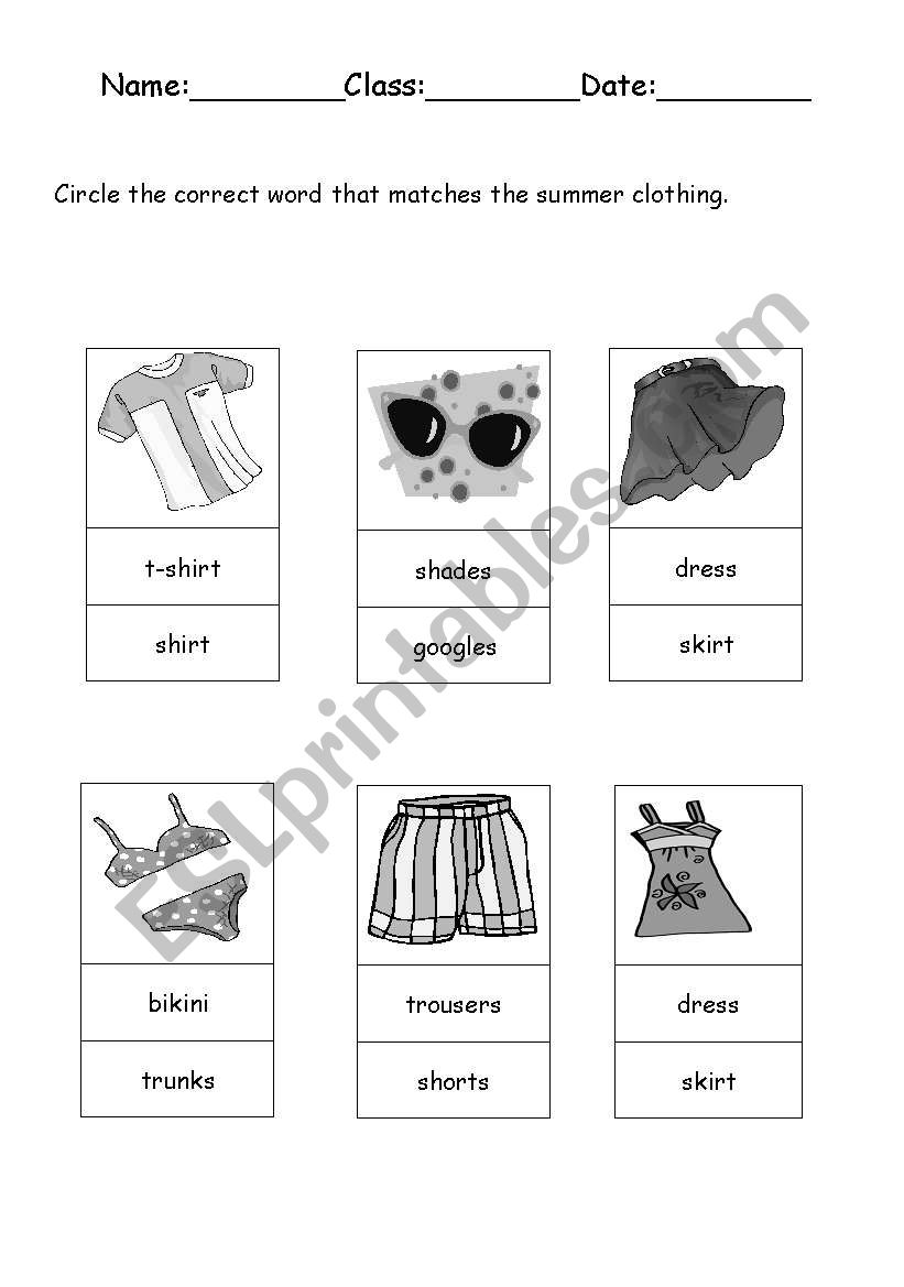 Summer clothes worksheet