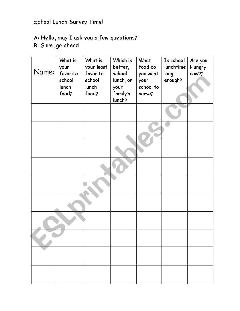 School Lunch Survey worksheet