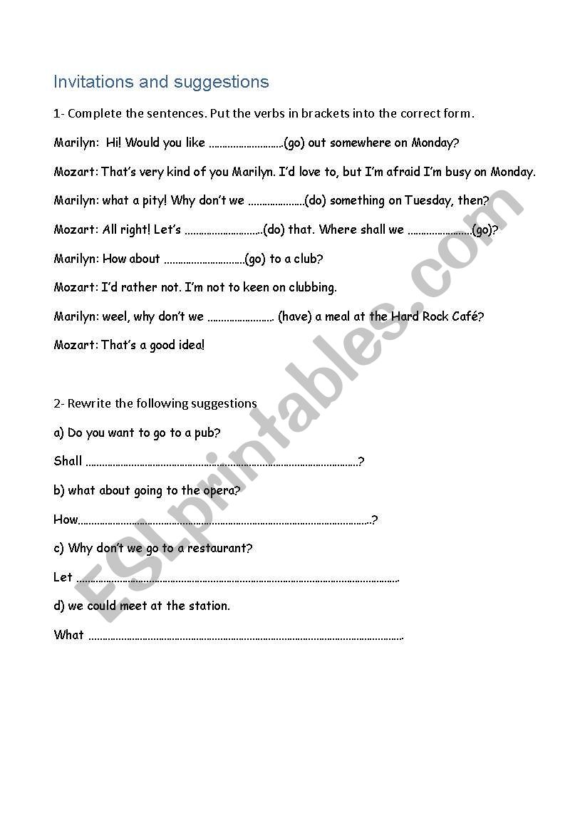 Invitations and suggestions worksheet