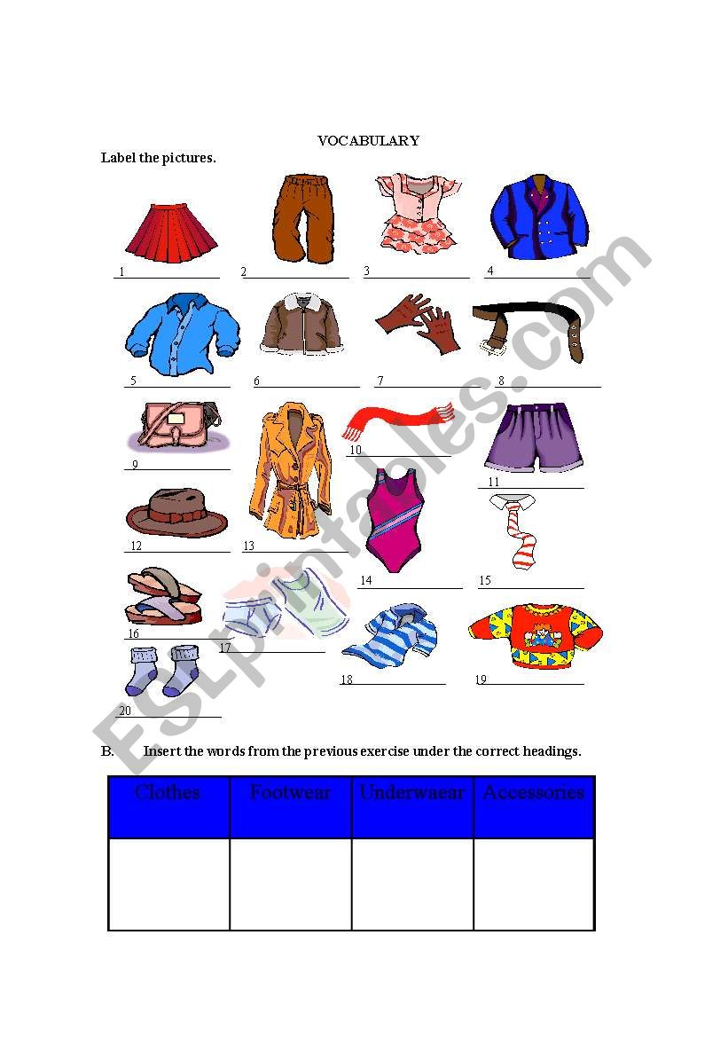 Clothes and accessories worksheet