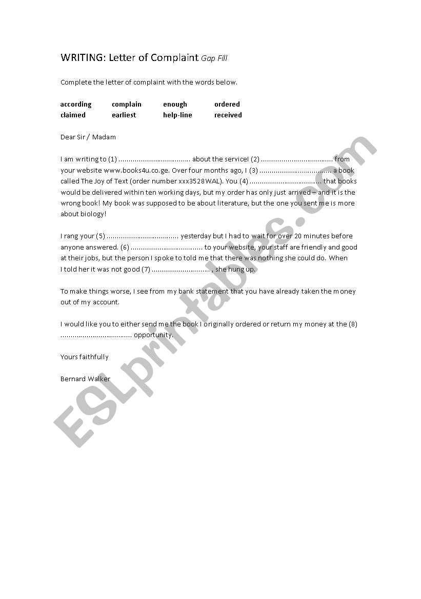 Complaint Letter worksheet