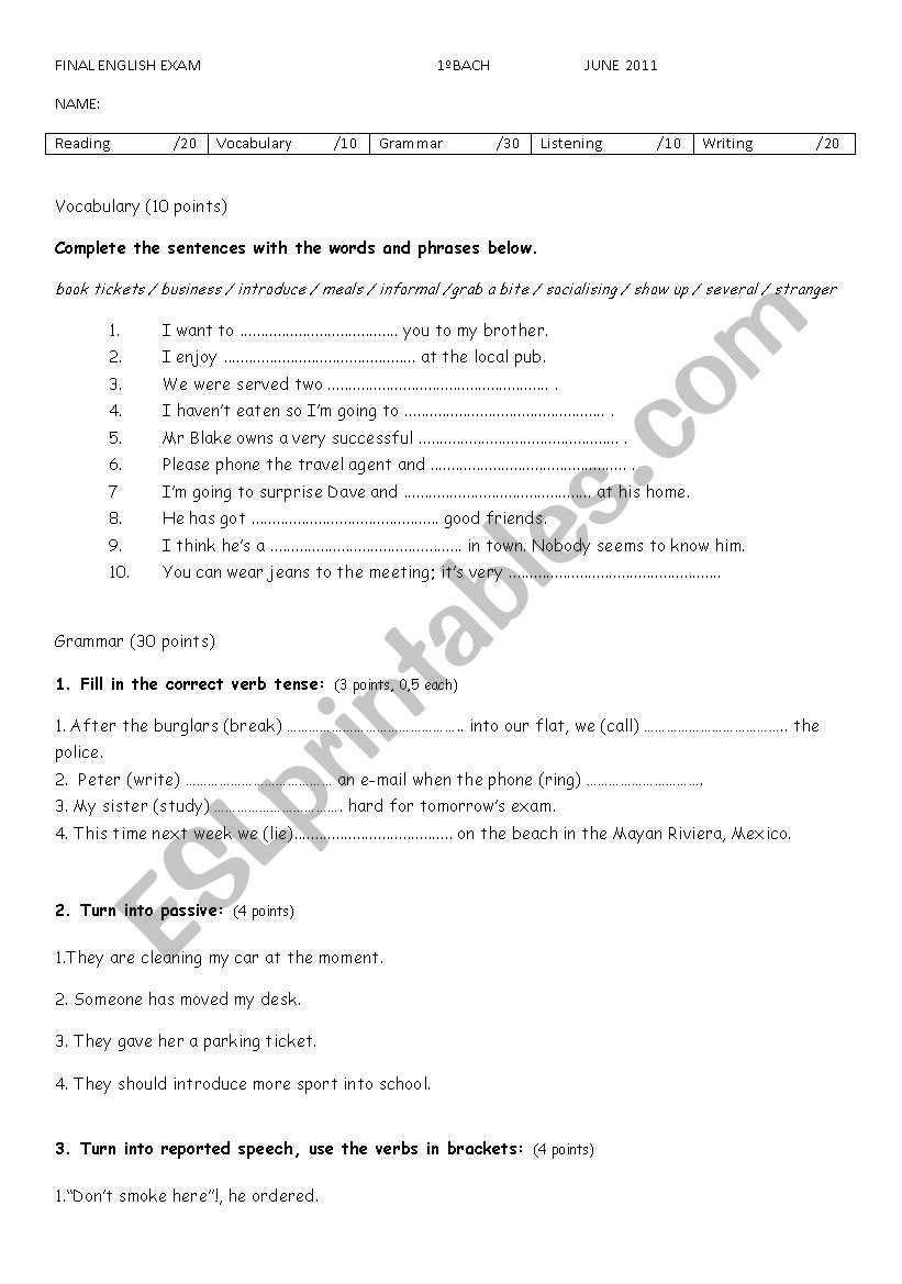 Final Test 1 Bachillerato worksheet