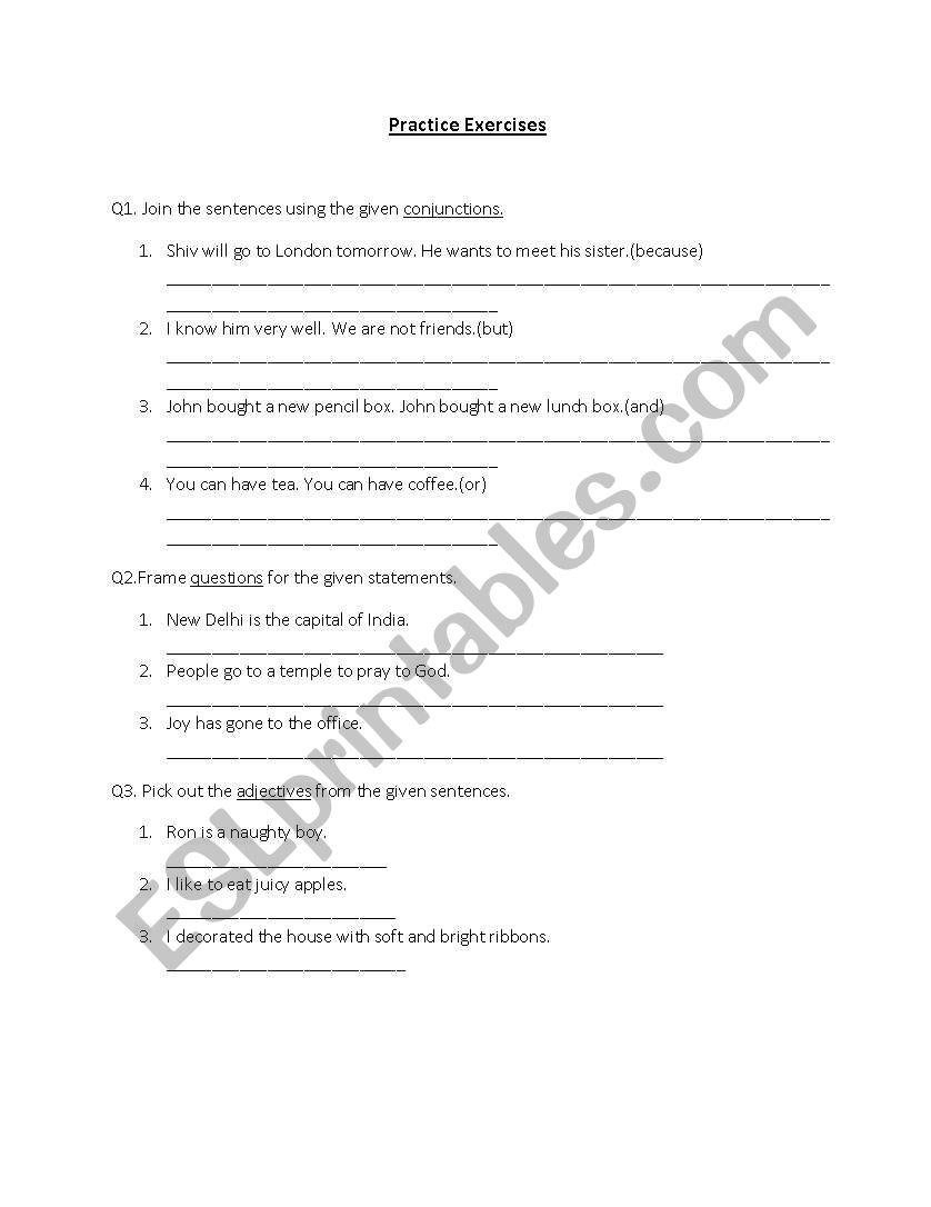 Grammar parctice Exercises- conjunctions,adjectives,negatives,question formation