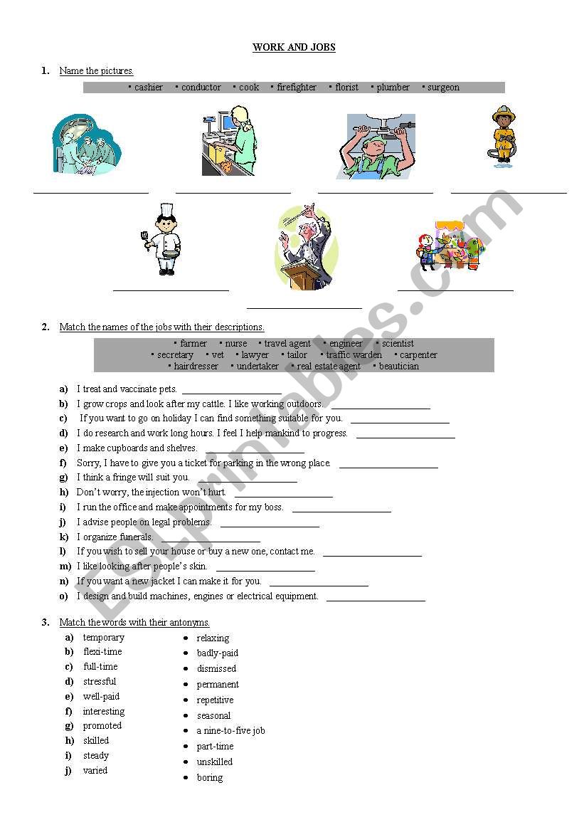 Work and jobs worksheet