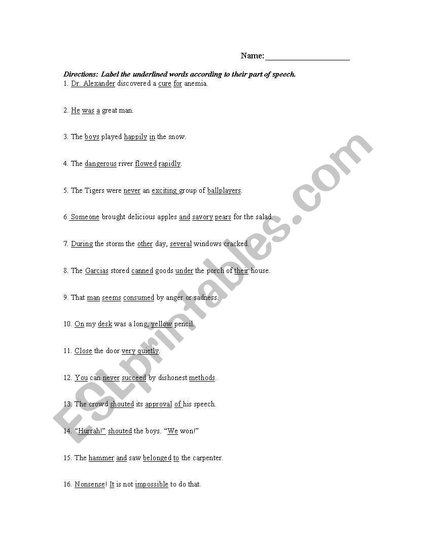 Parts of Speech Worksheet worksheet