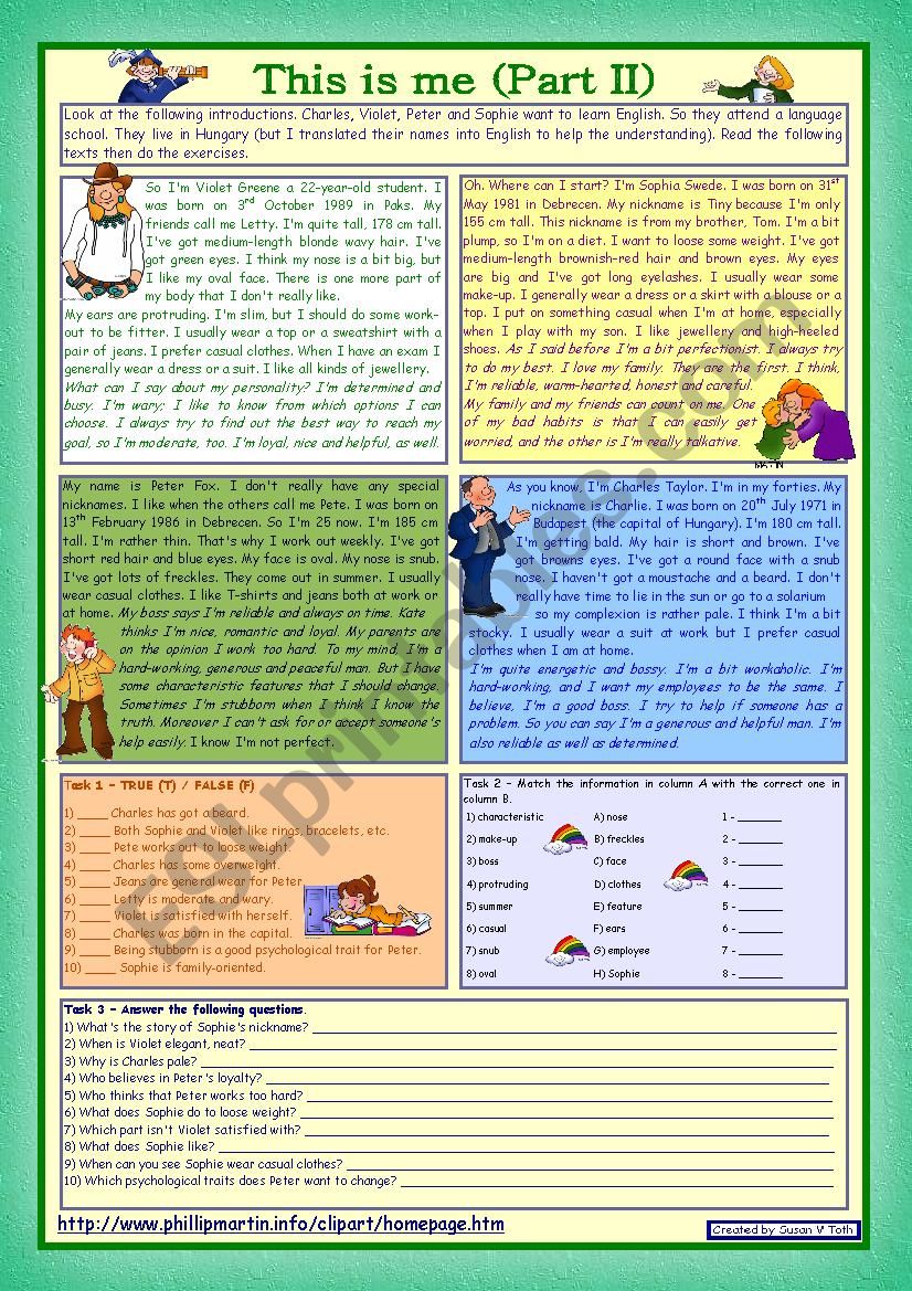 This is me Part 2 *** Reading comprehension for adults *** lower intermediate level *** with key *** fully editable