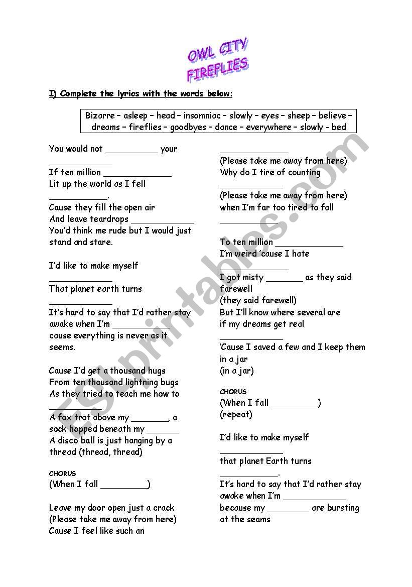 owl city  worksheet