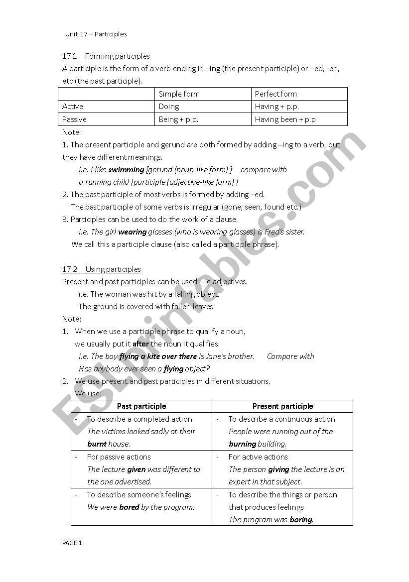 participles worksheet
