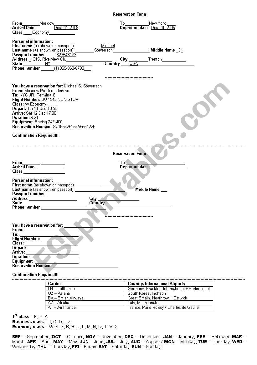 TICKET RESERVATION FORM worksheet