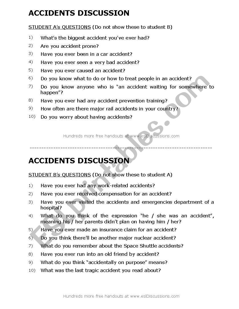 accidents worksheet