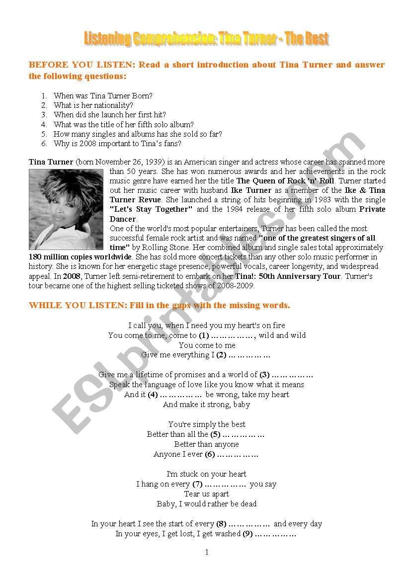 Listening Comprehension: Tina Turner - The Best