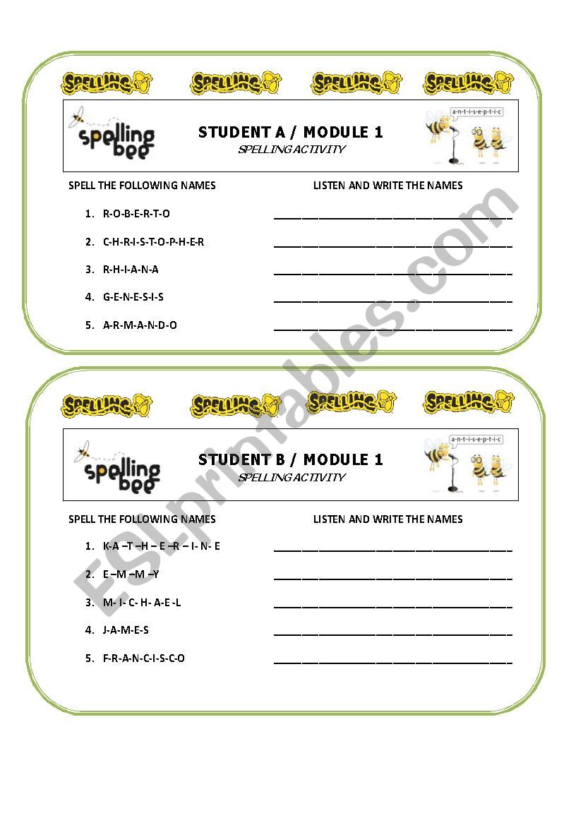 Spelling names  worksheet