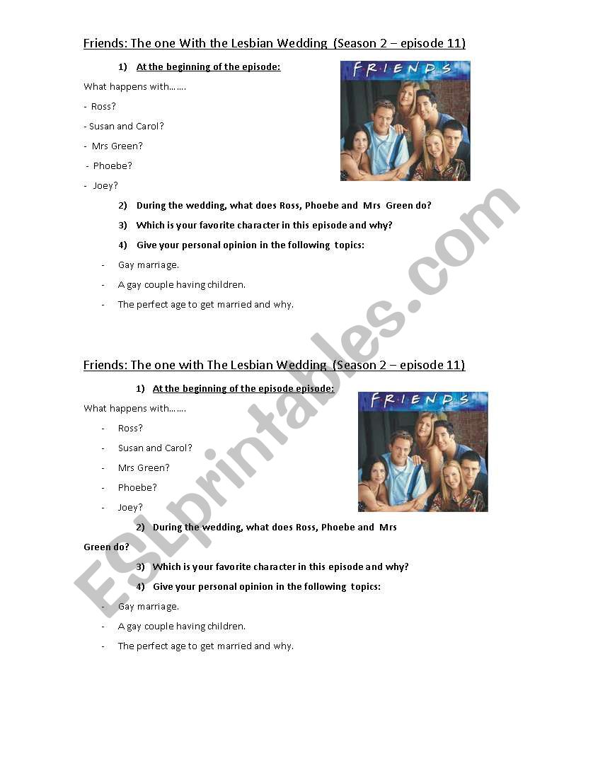 Friends: worksheet on The One with the Lesbian Wedding