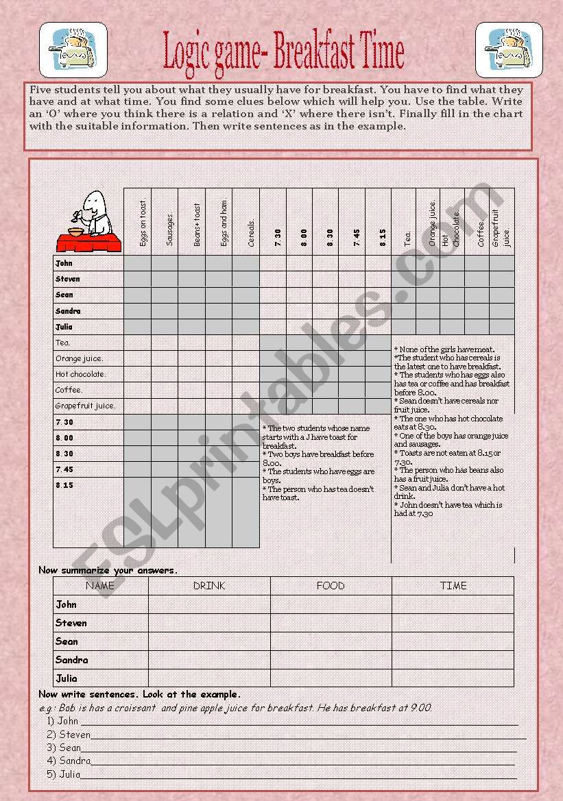 Logic Game: Breakfast Time, 2 pages, key included.