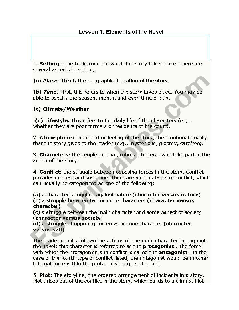 Elements of the Novel worksheet