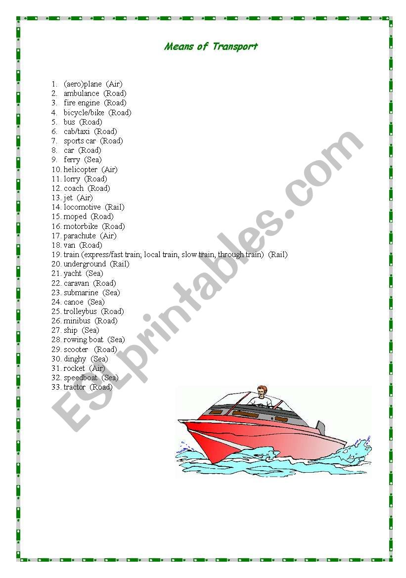 Means of transport worksheet