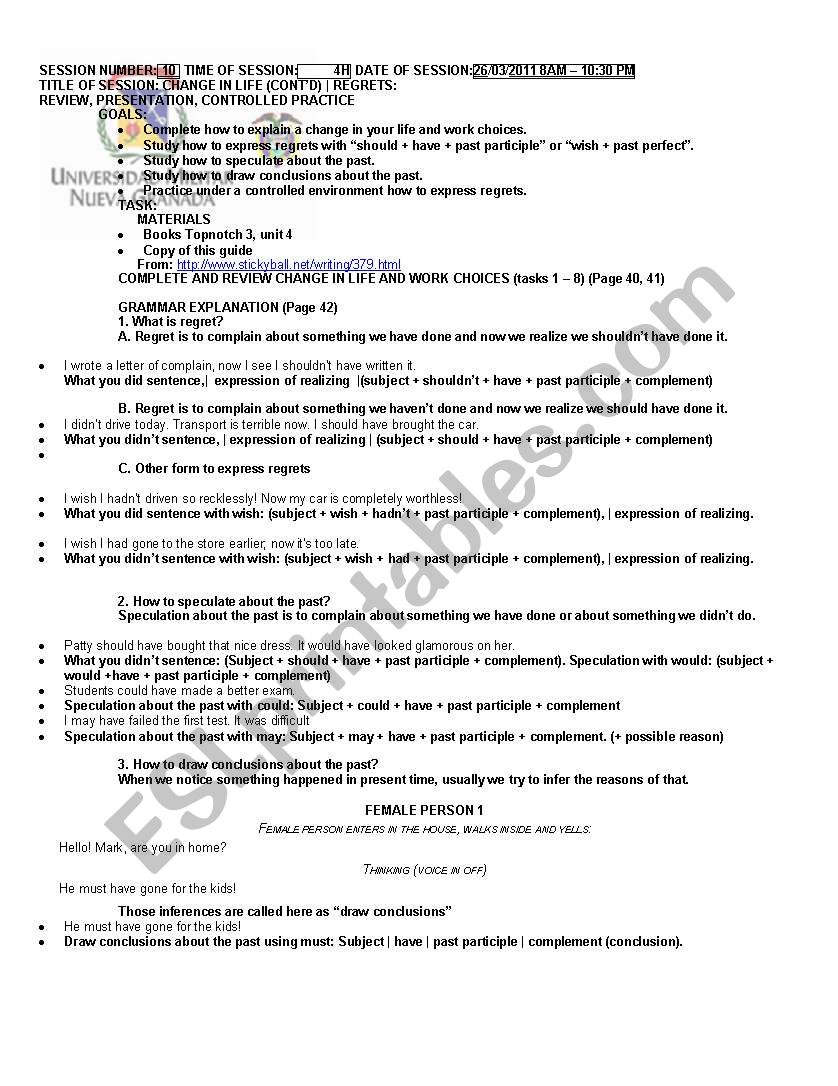 Regrets worksheet