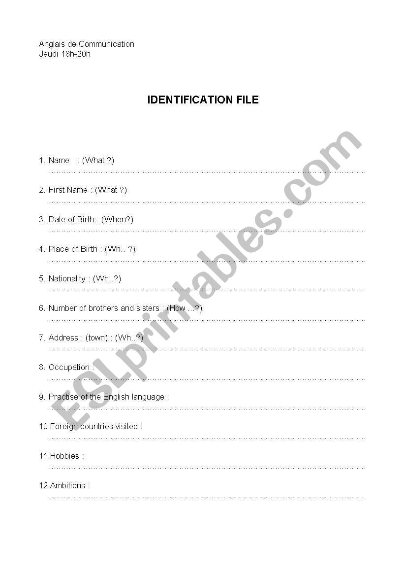 Identity File  worksheet