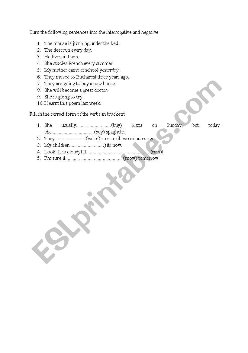 Revision tenses Grammar worksheet