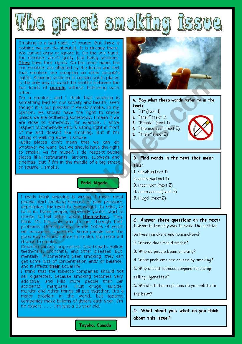 The great smoking issue worksheet