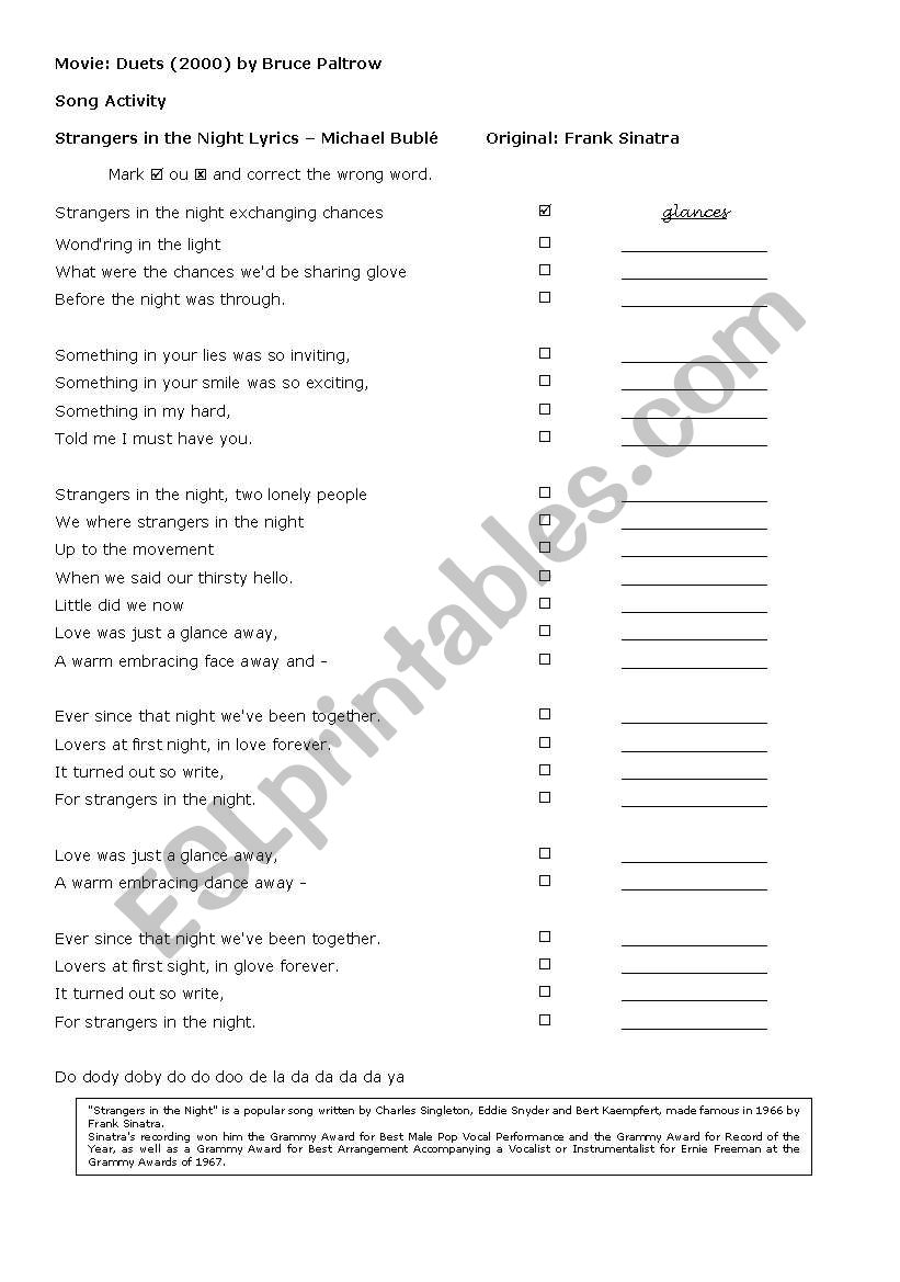 Strangers in the night worksheet