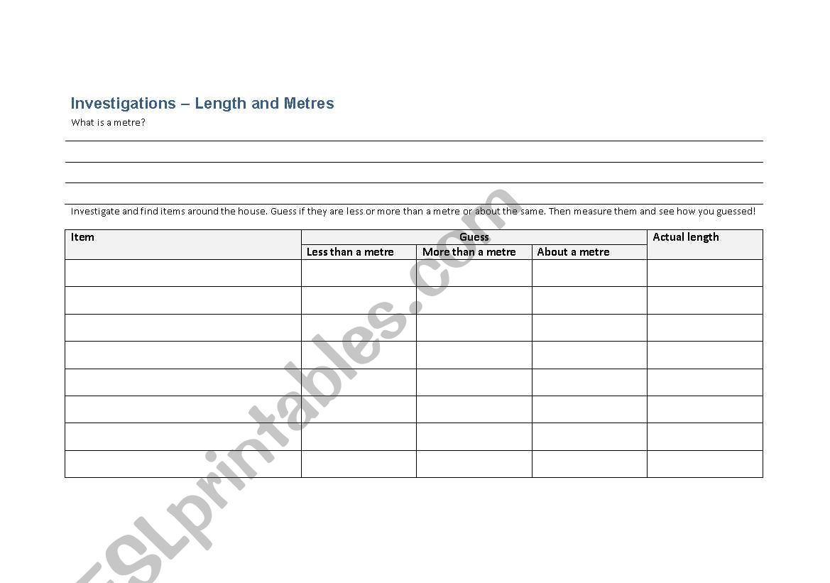 Investigation Worksheet - Length and MEasures
