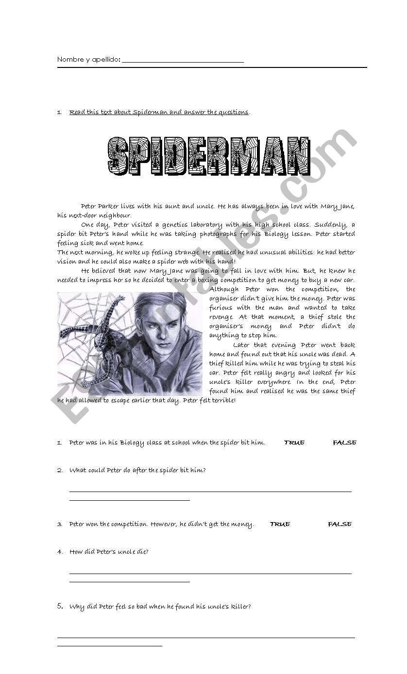 Spiderman worksheet