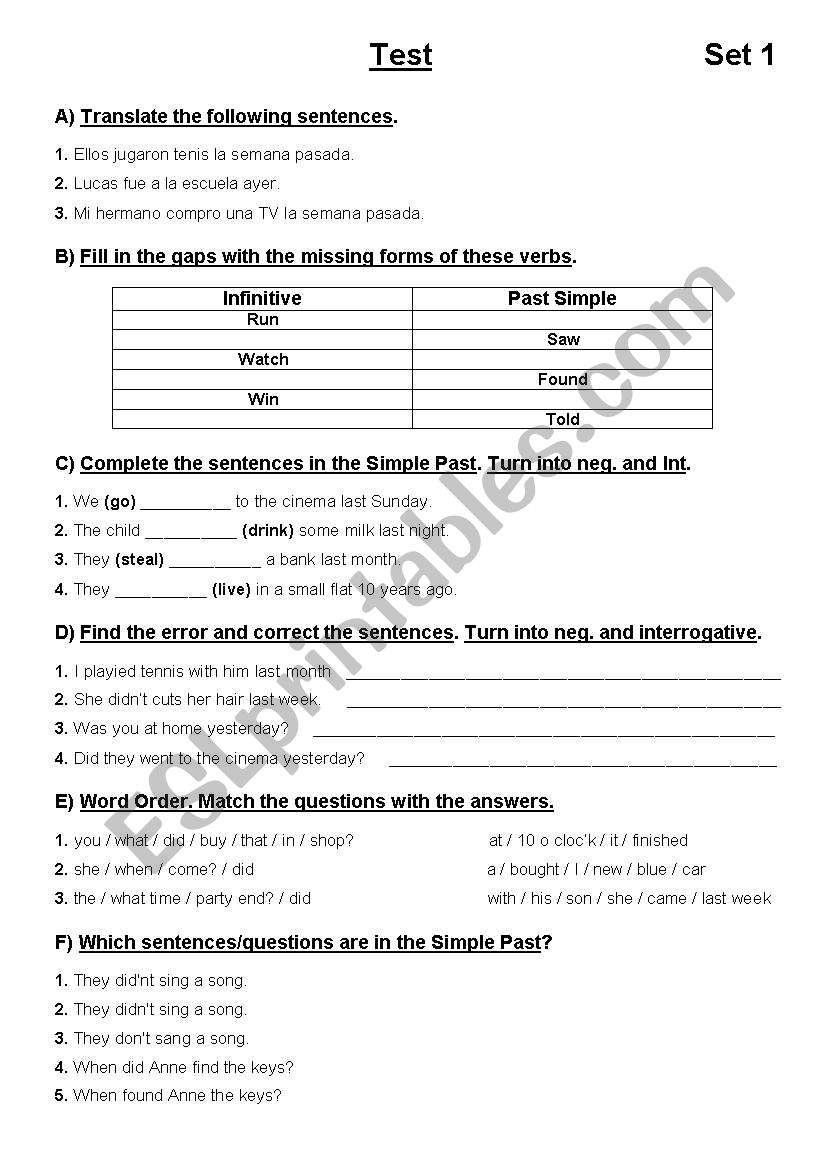 test of simple past worksheet