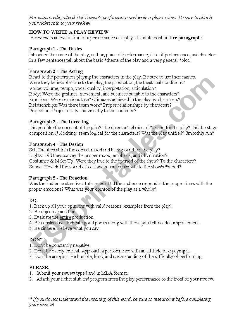 English worksheets: How to Write a Play Review