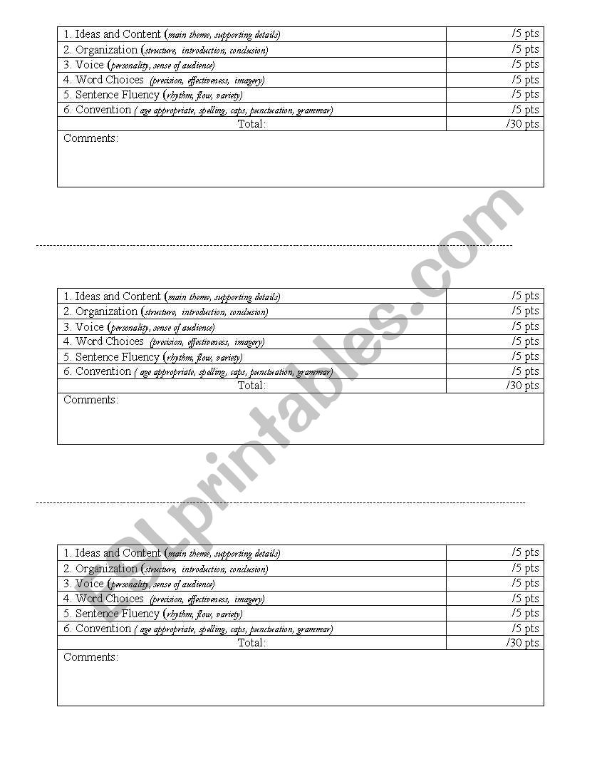 Rubric for Writing worksheet