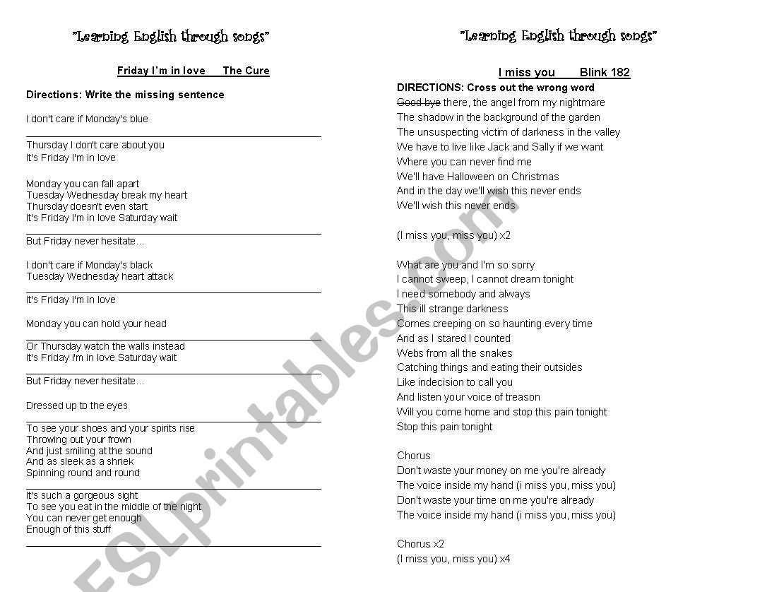 Learning English with songs worksheet
