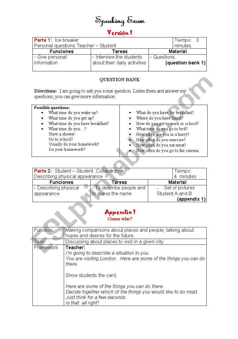 Guide for speaking exam worksheet