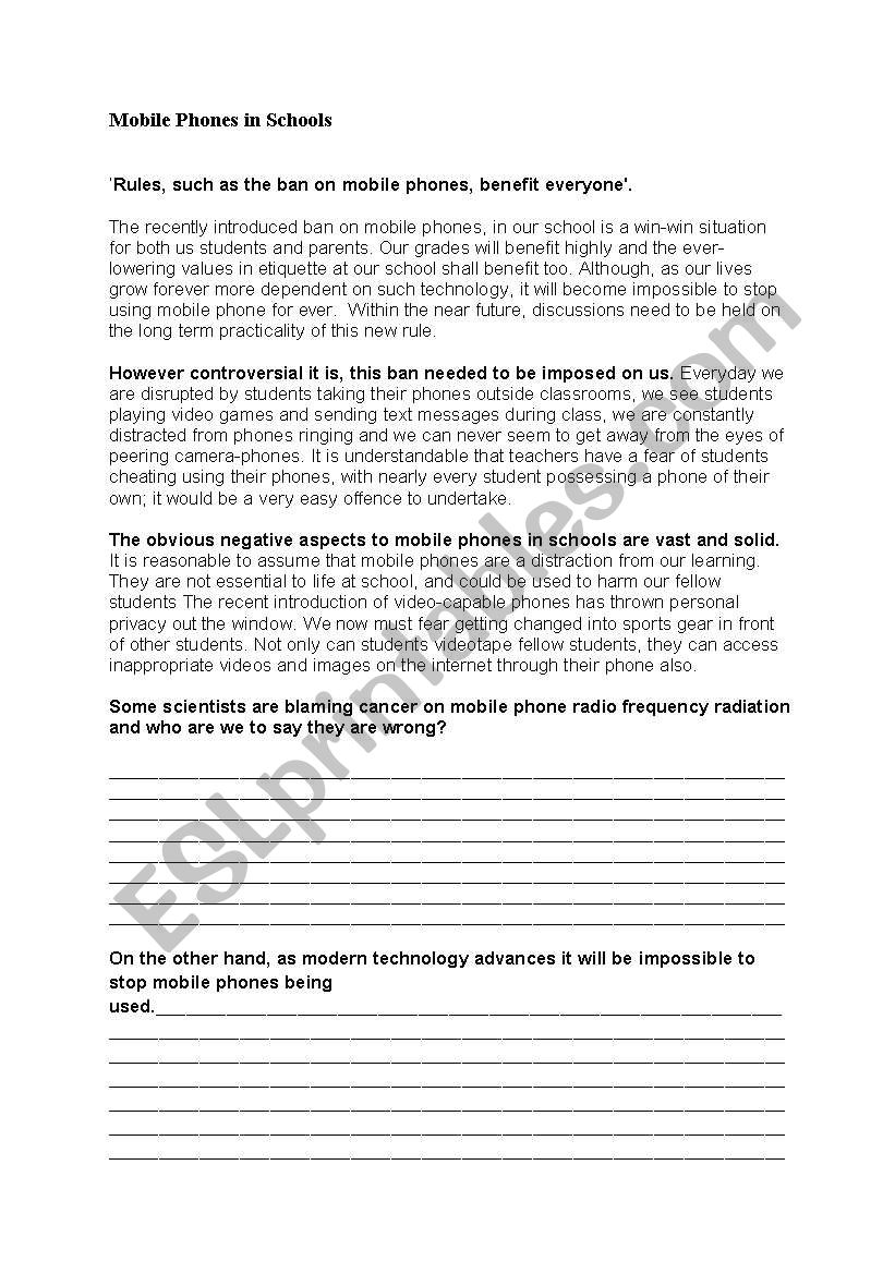 Mobile Phones in Schools worksheet