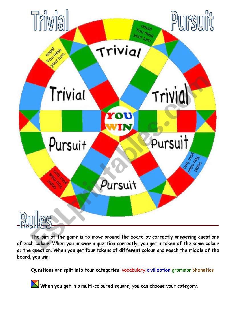 TRIVIAL PURSUIT BOARDGAME worksheet