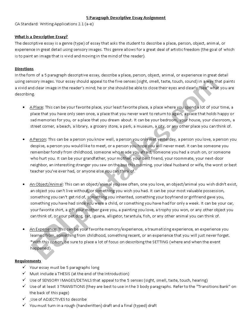 Descriptive Essay Assignment worksheet