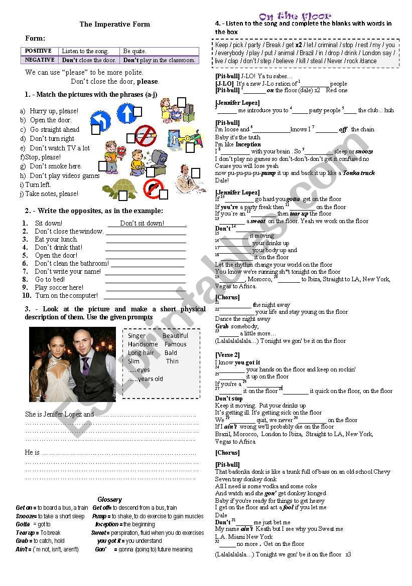 SONGSHEET: ON THE FLOOR BY JLO FT PITBULL. THE IMPERATIVE FORM SONGSHEET: ON THE FLOOR BY JLO FT PITBULL. THE IMPERATIVE FORM