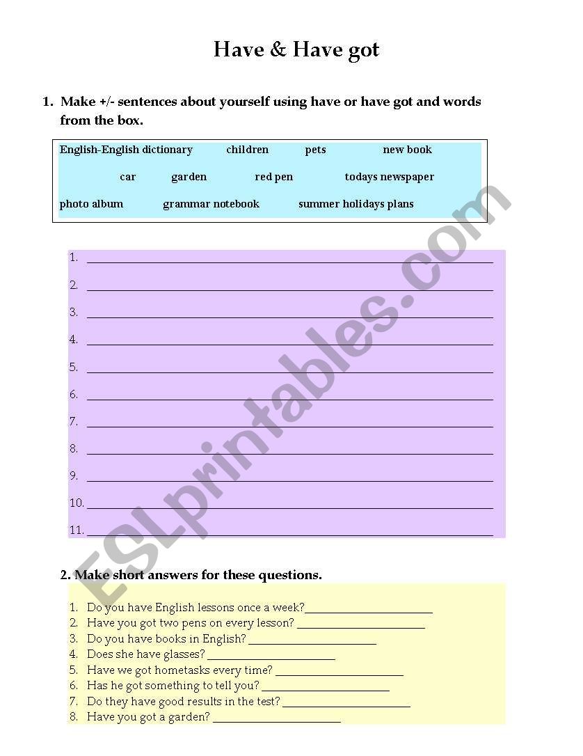 Have and Have got worksheet